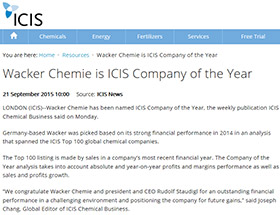 Auszeichnung – ICIS Chemical Business kürt Wacker zum Unternehmen des Jahres (Grafik)